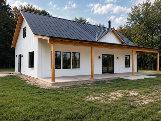 White board-and-batten barndominium with a black standing-seam metal roof and cedar porch posts