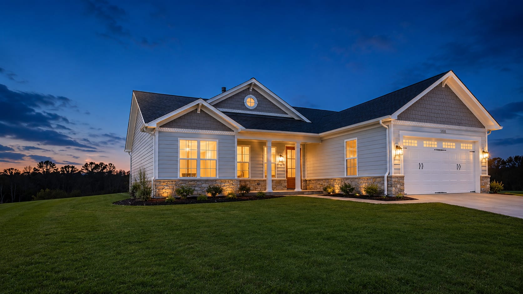 A Fonseca Builders custom home at dusk, warm light in every window